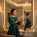 Maison Alhambra Anarch by Maison Alhambra 100ml EDP Women — Woman in a green dress spraying perfume on her wrist in a luxurious dressing room with a large ornate mirror | Maison Alhambra Anarch by Maison Alhambra 100ml EDP Women — Wanita berbaju hijau menyembur minyak wangi di pergelangan tangannya di bilik persalinan