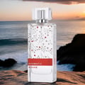 Maison Alhambra Aromatic Rouge by Maison Alhambra 100ml EDP — A clear glass perfume bottle with a delicate floral vine pattern and a red label reading "AROMATIC ROUGE" sits on rocks by the sea at sunset. | Maison Alhambra Aromatic Rouge by Maison Alhambra 100ml EDP — Botol kaca jernih dengan corak sulur bunga halus