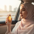 Maison Alhambra Athena Eau de Parfum 100 ml Ville Femme — Woman in hijab holding perfume bottle inside a car, looking out the window at sunset | Maison Alhambra Athena Eau de Parfum 100 ml Ville Femme — Wanita bertudung memegang botol minyak wangi di dalam kereta, memandang ke luar tingkap ketika matahari terbenam