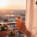 Maison Alhambra Athena Eau de Parfum 100 ml Ville Femme — Woman's hand holding a clear glass perfume bottle with a gold cap and label, against a sunset balcony background with blurred city lights and potted flowers. | Maison Alhambra Athena Eau de Parfum 100 ml Ville Femme — Tangan wanita memegang botol minyak wangi