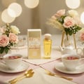 Maison Alhambra Athena Eau de Parfum 100 ml Ville Femme — A perfume bottle and its box are displayed on a table with tea cups, roses, and a teapot. | Maison Alhambra Athena Eau de Parfum 100 ml Ville Femme — Botol minyak wangi dan kotaknya dipamerkan di atas meja bersama cawan teh, bunga ros, dan teko.