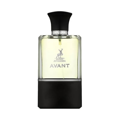 Maison Alhambra Avant by Maison Alhambra 100ml EDP Men — A clear glass perfume bottle with a black cap and a black base, featuring a silver deer logo and text. | Maison Alhambra Avant by Maison Alhambra 100ml EDP Men — Botol minyak wangi kaca jernih dengan penutup hitam dan tapak hitam, menampilkan logo rusa perak dan