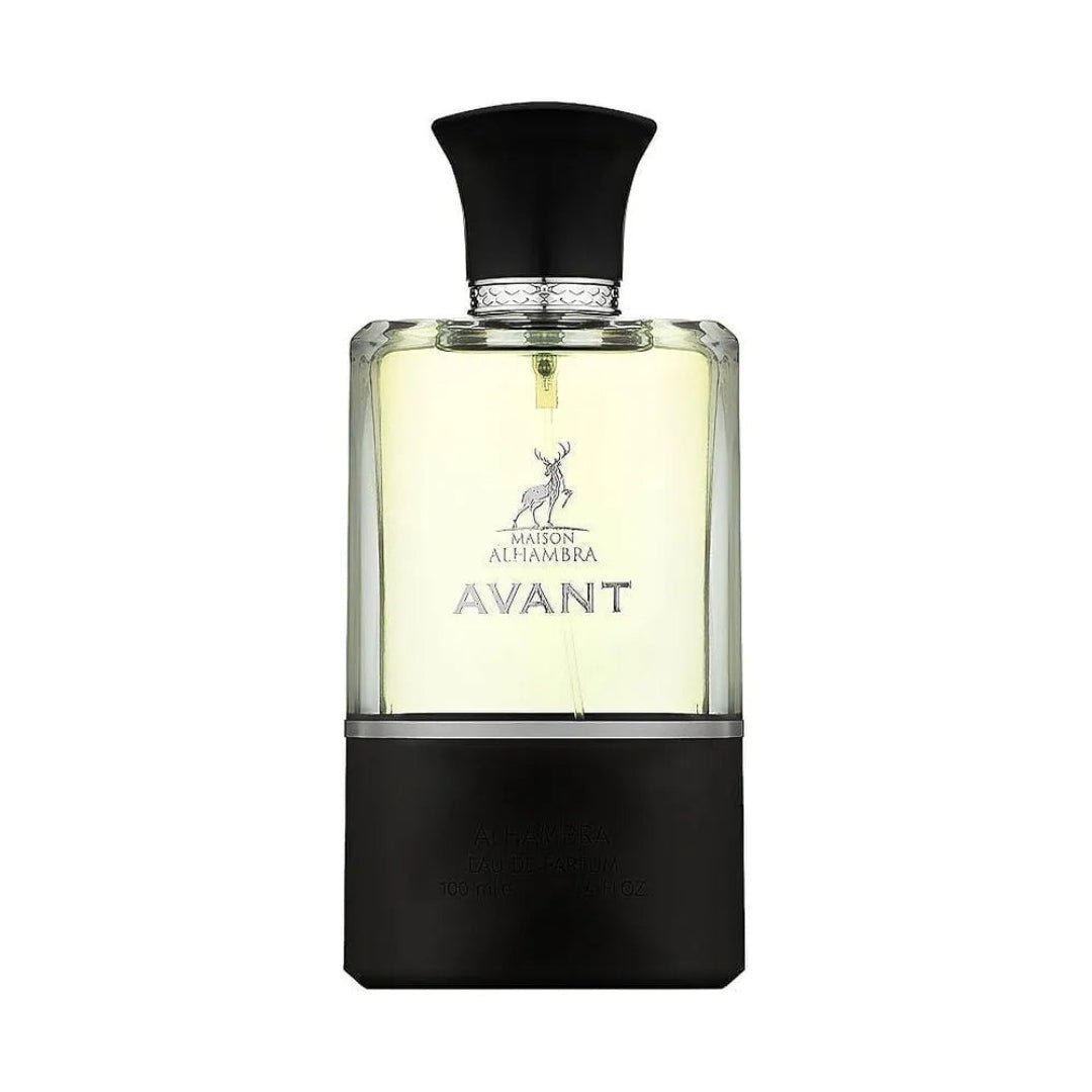 Maison Alhambra Avant by Maison Alhambra 100ml EDP Men — A clear glass perfume bottle with a black cap and a black base, featuring a silver deer logo and text. | Maison Alhambra Avant by Maison Alhambra 100ml EDP Men — Botol minyak wangi kaca jernih dengan penutup hitam dan tapak hitam, menampilkan logo rusa perak dan