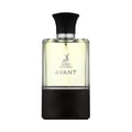 Maison Alhambra Avant by Maison Alhambra 100ml EDP Men — A clear glass perfume bottle with a black cap and a black base, featuring a silver deer logo and text. | Maison Alhambra Avant by Maison Alhambra 100ml EDP Men — Botol minyak wangi kaca jernih dengan penutup hitam dan tapak hitam, menampilkan logo rusa perak dan