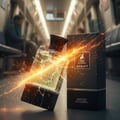Maison Alhambra Avant by Maison Alhambra 100ml EDP Men — A cracked glass perfume bottle with golden liquid and sparks erupting from it, next to its black box in a subway train | Maison Alhambra Avant by Maison Alhambra 100ml EDP Men — Botol minyak wangi kaca retak dengan cecair keemasan dan percikan api meletus