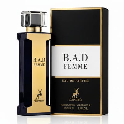 Maison Alhambra B.A.D. Femme Eau de Parfum — A dark blue and gold perfume bottle stands next to its black and gold box, both featuring the B.A.D. Femme logo and a deer emblem. | Maison Alhambra B.A.D. Femme Eau de Parfum — Botol minyak wangi biru gelap dan emas berdiri di sebelah kotak hitam dan emasnya, kedua-duanya