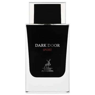 Maison Alhambra Dark Door Sport Men 100ml EDP — A clear glass perfume bottle with a black label and a black cap, featuring the text "DARK DOOR SPORT" and a deer logo. | Botol minyak wangi kaca jernih dengan label hitam dan penutup hitam, menampilkan teks "DARK DOOR SPORT" dan logo rusa.