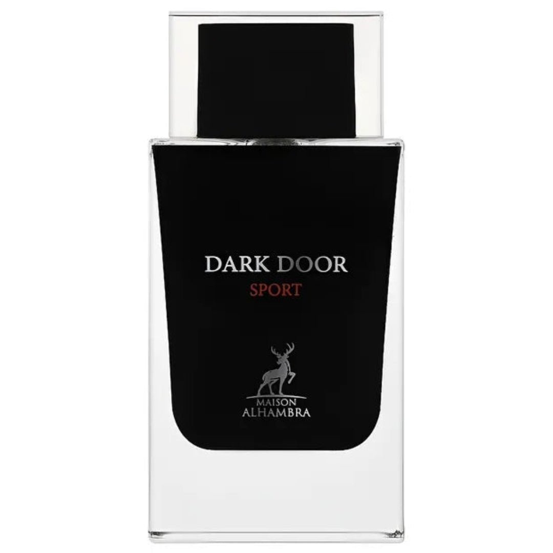 Maison Alhambra Dark Door Sport Men 100ml EDP — A clear glass perfume bottle with a black label and a black cap, featuring the text "DARK DOOR SPORT" and a deer logo. | Botol minyak wangi kaca jernih dengan label hitam dan penutup hitam, menampilkan teks "DARK DOOR SPORT" dan logo rusa.