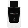 Maison Alhambra Dark Door Sport Men 100ml EDP — A clear glass perfume bottle with a black label and a black cap, featuring the text "DARK DOOR SPORT" and a deer logo. | Botol minyak wangi kaca jernih dengan label hitam dan penutup hitam, menampilkan teks "DARK DOOR SPORT" dan logo rusa.