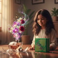 Maison Alhambra Luxe Bold – A young girl looks at a broken perfume bottle with flowers and smoke emerging from it, next to a green box. | Maison Alhambra Luxe Bold – Seorang gadis muda melihat botol minyak wangi yang pecah dengan bunga dan asap keluar daripadanya, bersebelahan dengan kotak hijau.