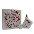 Maison Alhambra Luxe Chic by Maison Alhambra – 100 ml Women — A white perfume box decorated with red lips and hearts, next to a matching white, angular perfume bottle with a gold cap, also adorned with red lips and hearts. | Maison Alhambra Luxe Chic by Maison Alhambra – 100 ml Women — Kotak minyak wangi putih dihiasi