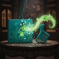 Maison Alhambra Luxe Emerald Perfume Maison Alhambra 100ml Unisex — A teal perfume box explodes with green orchids and light, releasing a swirling green mist towards a matching teal perfume bottle with gold filigree on a patterned table. | Maison Alhambra Luxe Emerald Perfume Maison Alhambra 100ml Unisex — Kotak