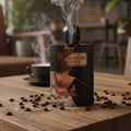 Maison Alhambra Opera Noir by Maison Alhambra 100ml EDP — A glass perfume bottle with a black textured label and gold accents, emitting smoke, sits on a wooden table scattered with coffee beans next to a steaming cup of coffee. | Maison Alhambra Opera Noir by Maison Alhambra 100ml EDP — Botol minyak wangi kaca dengan