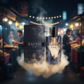 Maison Alhambra Salvo Elixir – A dark blue and gold perfume bottle and its box are displayed amidst swirling smoke, with a blurred night market background of food stalls and people. | Maison Alhambra Salvo Elixir – Botol dan kotak minyak wangi biru gelap dan emas dipaparkan di tengah asap berpusar, dengan latar