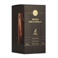 Maison Alhambra Smoked Oud & Vanilla by Maison Alhambra 100ml EDP — A dark brown perfume box with a wood grain texture on the sides and a dark brown front panel featuring gold text and a gold circular emblem. | Maison Alhambra Smoked Oud & Vanilla by Maison Alhambra 100ml EDP — Kotak minyak wangi coklat gelap dengan