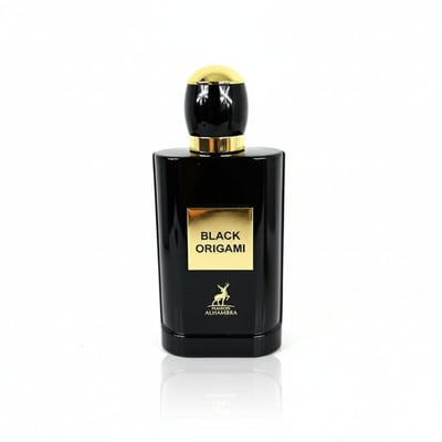 Maison Alhambra Black Origami by Maison Alhambra 100ml EDP — A black perfume bottle with a gold cap and a gold label that reads "BLACK ORIGAMI" and a deer logo below. | Maison Alhambra Black Origami by Maison Alhambra 100ml EDP — Botol minyak wangi hitam dengan penutup emas dan label emas bertuliskan "BLACK ORIGAMI"