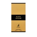 Maison Alhambra Black Origami 100ml EDP — A gold-textured perfume box with a black band in the middle displaying the text 'BLACK ORIGAMI'. Below is a deer silhouette logo and product details. | Maison Alhambra Black Origami 100ml EDP — Kotak minyak wangi bertekstur emas dengan jalur hitam di tengah memaparkan teks