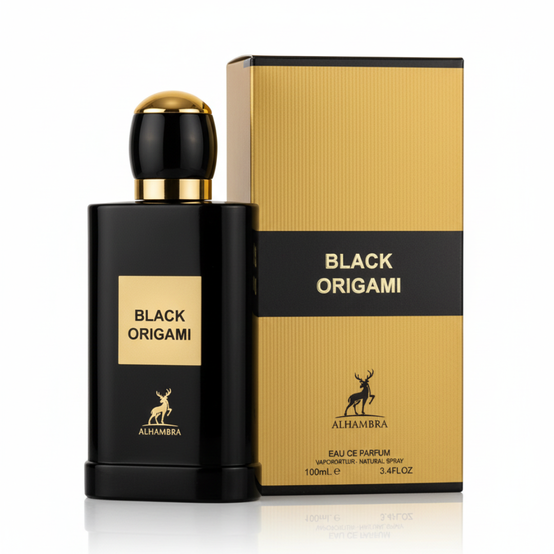 Maison Alhambra Black Origami — Black perfume bottle with gold cap and gold label, standing next to a gold ribbed box with a black band. | Maison Alhambra Black Origami — Botol minyak wangi hitam dengan penutup emas dan label emas, berdiri di sebelah kotak berjalur emas dengan jalur hitam.