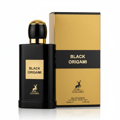 Maison Alhambra Black Origami — Black perfume bottle with gold cap and gold label, standing next to a gold ribbed box with a black band. | Maison Alhambra Black Origami — Botol minyak wangi hitam dengan penutup emas dan label emas, berdiri di sebelah kotak berjalur emas dengan jalur hitam.