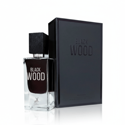 Maison Alhambra Black Wood 60ml by Maison Alhambra EDP for Men — A clear glass perfume bottle with a black textured cap and dark liquid, next to its matching black box with embossed text. | Maison Alhambra Black Wood 60ml by Maison Alhambra EDP for Men — Botol minyak wangi kaca jernih dengan penutup bertekstur hitam