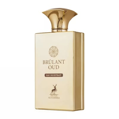 Maison Alhambra Brulant Oud — A tall, rectangular gold perfume bottle with a decorative gold cap, featuring text and a deer silhouette | Maison Alhambra Brulant Oud — Botol minyak wangi emas berbentuk segi empat tinggi dengan penutup emas hiasan, menampilkan teks dan siluet rusa