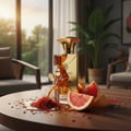 Maison Alhambra Brulant Oud Maison Alhambra for Men 100ml — A golden perfume bottle is shown with liquid splashing out, surrounded by saffron threads and grapefruit slices on a wooden table. | Maison Alhambra Brulant Oud Maison Alhambra for Men 100ml — Botol minyak wangi emas dipaparkan dengan cecair memercik keluar