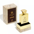 Maison Alhambra Brulant Oud — A golden perfume bottle stands in its open box, with the product's cardboard packaging to the left, all on a white background. | Maison Alhambra Brulant Oud — Botol minyak wangi keemasan berdiri dalam kotaknya yang terbuka, dengan pembungkusan kadbod produk di sebelah kiri, semuanya di