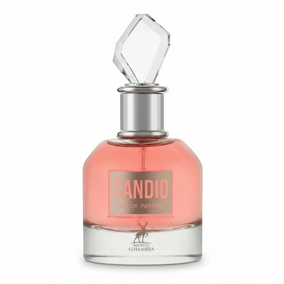 Maison Alhambra Candid by Maison Alhambra 100 ml for Women — A clear glass perfume bottle with pink liquid, a silver collar, and a faceted crystal cap, set against a white background. | Maison Alhambra Candid by Maison Alhambra 100 ml for Women — Botol kaca jernih berisi cecair merah jambu, kolar perak, dan penutup