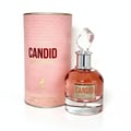 Maison Alhambra Candid Eau de Parfum for Women — Pink textured cylindrical box and a clear glass perfume bottle with pink liquid and a faceted crystal cap, set against a white background. | Maison Alhambra Candid Eau de Parfum untuk Wanita — Kotak silinder bertekstur merah jambu dan botol minyak wangi kaca jernih