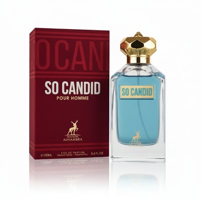 Maison Alhambra Candid Pour Homme — A red box with gold lettering and a deer logo stands next to a clear glass perfume bottle with blue liquid and a gold cap. | Maison Alhambra Candid Pour Homme — Kotak merah dengan tulisan emas dan logo rusa berdiri di sebelah botol minyak wangi kaca jernih dengan cecair biru dan