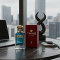Maison Alhambra Candid Pour Homme — A blue perfume bottle and its red box sit on a marble surface next to a laptop and a modern sculpture, with a city skyline in the background. | Botol minyak wangi biru dan kotak merahnya terletak di atas permukaan marmar bersebelahan komputer riba dan arca moden, dengan latar