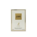 Maison Alhambra Como Moiselle — A white perfume box with gold accents and vertical lines, featuring the "COMO MOISELLE" text in a gold square and a deer logo. | Maison Alhambra Como Moiselle — Kotak minyak wangi putih dengan aksen emas dan garisan menegak, memaparkan teks "COMO MOISELLE" dalam petak emas dan logo rusa.