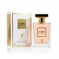 Maison Alhambra Como Moiselle by Maison Alhambra 100ml for Her — A white and gold perfume box stands next to a clear glass bottle of pink perfume with a gold cap. | Maison Alhambra Como Moiselle by Maison Alhambra 100ml for Her — Kotak minyak wangi putih dan emas berdiri di sebelah botol kaca jernih berisi minyak