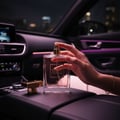 Maison Alhambra Como Moiselle by Maison Alhambra 100ml for Her — A hand holds a clear perfume bottle with a gold cap and label inside a car at night, with purple ambient lighting. | Maison Alhambra Como Moiselle by Maison Alhambra 100ml for Her — Tangan memegang botol minyak wangi jernih bertutup emas dan berlabel di