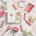 Maison Alhambra Como Moiselle by Maison Alhambra 100ml for Her — A flat lay featuring a perfume bottle, its box, lipsticks, a makeup brush, a compact mirror, a blush palette, and pink and white roses on a marble and pink background. | Maison Alhambra Como Moiselle by Maison Alhambra 100ml for Her — Susunan rata