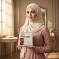 Maison Alhambra Como Moiselle Eau de Parfum 100ml for Her — Woman in a pink dress and cream hijab holding a white perfume box with gold trim, soft natural light from a window. | Maison Alhambra Como Moiselle Eau de Parfum 100ml untuk Wanita — Wanita berbaju merah jambu dan tudung krim memegang kotak minyak wangi putih