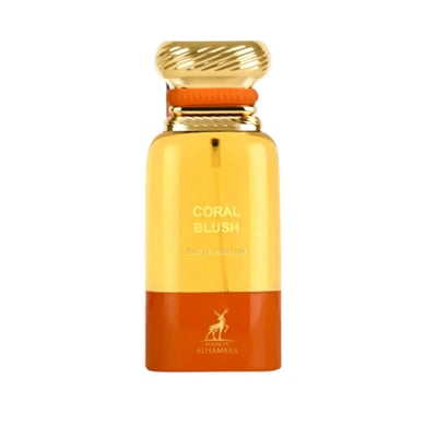 Maison Alhambra Coral Blush by Maison Alhambra 80ml EDP — A clear glass perfume bottle with a golden fluted cap and an orange band, filled with golden liquid, and an orange base with a deer logo and text. | Maison Alhambra Coral Blush by Maison Alhambra 80ml EDP — Botol minyak wangi kaca jernih dengan penutup berlekuk
