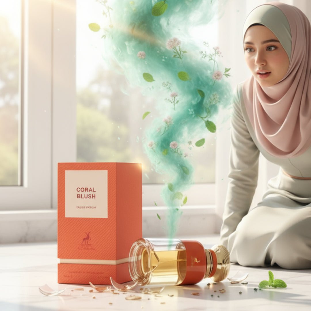 Maison Alhambra Coral Blush 80ml EDP — A woman in a hijab looks at a broken perfume bottle and its orange box, with a green mist of leaves and flowers swirling upwards. | Maison Alhambra Coral Blush 80ml EDP — Seorang wanita bertudung melihat botol minyak wangi yang pecah dan kotak orennya, dengan kabus hijau daun dan