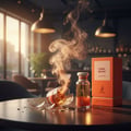 Maison Alhambra Coral Blush 80ml EDP — A broken glass perfume bottle with smoke rising, next to its orange box on a wooden table in a dimly lit restaurant setting. | Maison Alhambra Coral Blush 80ml EDP — Botol kaca perfume yang pecah dengan asap naik, di sebelah kotak orennya di atas meja kayu dalam suasana restoran