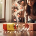 Maison Alhambra Coral Blush by Maison Alhambra 80ml EDP — A shattered glass bottle of perfume lies on its side, releasing smoke and pink petals, with a young girl smiling in the background. | Maison Alhambra Coral Blush by Maison Alhambra 80ml EDP — Botol kaca minyak wangi yang pecah terbaring di sisinya, mengeluarkan