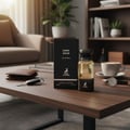 Maison Alhambra Dark Aoud — A dark perfume box and bottle sit on a wooden table next to a wallet, car keys, and a cup of coffee. | Maison Alhambra Dark Aoud — Kotak dan botol minyak wangi gelap diletakkan di atas meja kayu bersebelahan dompet, kunci kereta, dan cawan kopi.