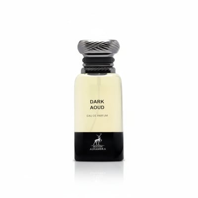 Maison Alhambra Dark Aoud by Maison Alhambra 80ml EDP — A clear glass perfume bottle with a black base and a silver textured cap, showing light yellow liquid inside, against a white background. | Maison Alhambra Dark Aoud by Maison Alhambra 80ml EDP — Botol minyak wangi kaca jernih dengan tapak hitam dan penutup