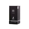 Maison Alhambra Dark Aoud — Black textured perfume box with gold text and deer logo, showing 'DARK AOUD EAU DE PARFUM' and 'MAISON ALHAMBRA', with volume details at the bottom. | Kotak pewangi hitam bertekstur Maison Alhambra Dark Aoud dengan teks emas dan logo rusa, menunjukkan 'DARK AOUD EAU DE PARFUM' dan 'MAISON