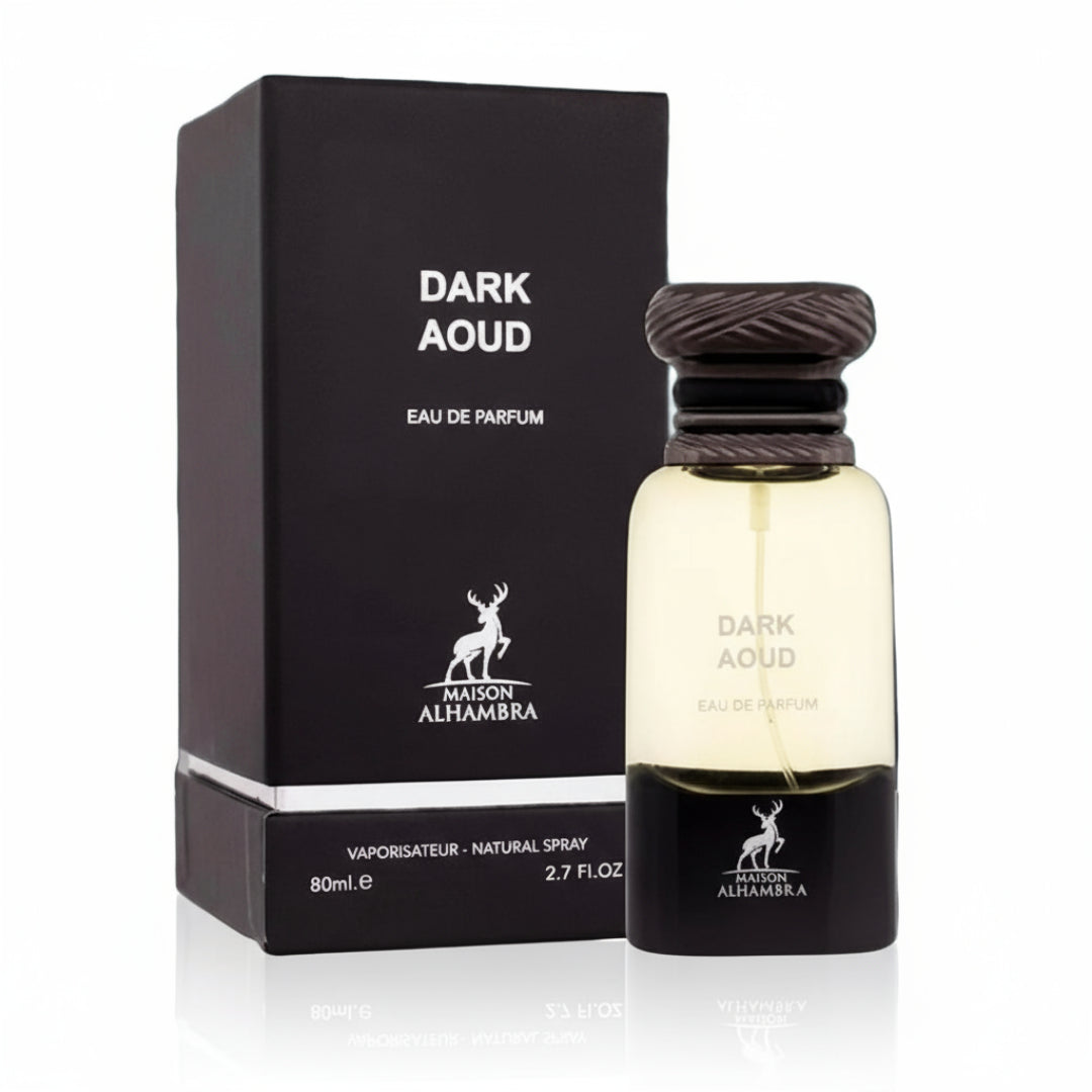 Maison Alhambra Dark Aoud by Maison Alhambra 80ml EDP — A black box and a dark glass perfume bottle with a dark ribbed cap, both featuring a deer logo and text. | Maison Alhambra Dark Aoud by Maison Alhambra 80ml EDP — Kotak hitam dan botol minyak wangi kaca gelap dengan penutup berjalur gelap, kedua-duanya