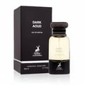 Maison Alhambra Dark Aoud by Maison Alhambra 80ml EDP — A black box and a dark glass perfume bottle with a dark ribbed cap, both featuring a deer logo and text. | Maison Alhambra Dark Aoud by Maison Alhambra 80ml EDP — Kotak hitam dan botol minyak wangi kaca gelap dengan penutup berjalur gelap, kedua-duanya