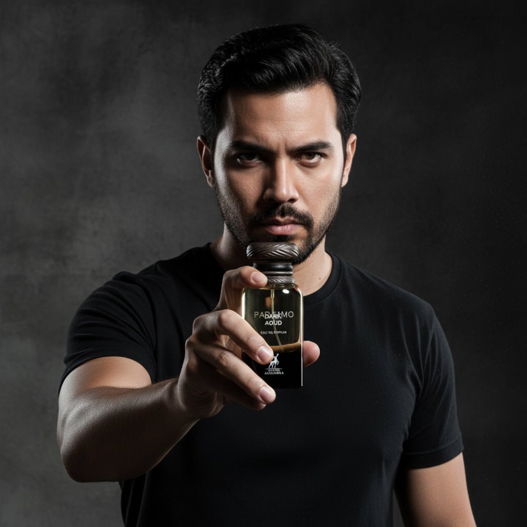 Maison Alhambra Dark Aoud by Maison Alhambra 80ml EDP — Man holding a bottle of Dark Aoud perfume with a dark, smoky background. | Maison Alhambra Dark Aoud by Maison Alhambra 80ml EDP — Lelaki memegang botol minyak wangi Dark Aoud dengan latar belakang gelap dan berasap.