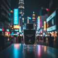 Maison Alhambra Dark Door Intense — A clear glass perfume bottle with a dark liquid sits on a reflective surface in front of a blurred, brightly lit city street at night with neon signs and tall buildings. | Maison Alhambra Dark Door Intense — Botol minyak wangi kaca jernih dengan cecair gelap terletak di atas