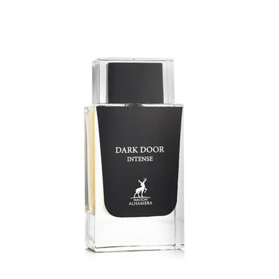 Maison Alhambra Dark Door Intense — A clear glass perfume bottle with a black label and a silver deer logo, against a white background. | Maison Alhambra Dark Door Intense — Botol minyak wangi kaca jernih dengan label hitam dan logo rusa perak, berlatar belakang putih.