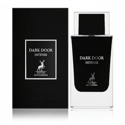 Maison Alhambra Dark Door Intense — A black perfume box is shown next to a clear glass bottle with a black cap and label, featuring a deer logo and text. | Kotak minyak wangi hitam ditunjukkan di sebelah botol kaca jernih dengan penutup dan label hitam, menampilkan logo rusa dan teks.