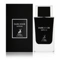 Maison Alhambra Dark Door Intense — A black perfume box is shown next to a clear glass bottle with a black cap and label, featuring a deer logo and text. | Kotak minyak wangi hitam ditunjukkan di sebelah botol kaca jernih dengan penutup dan label hitam, menampilkan logo rusa dan teks.